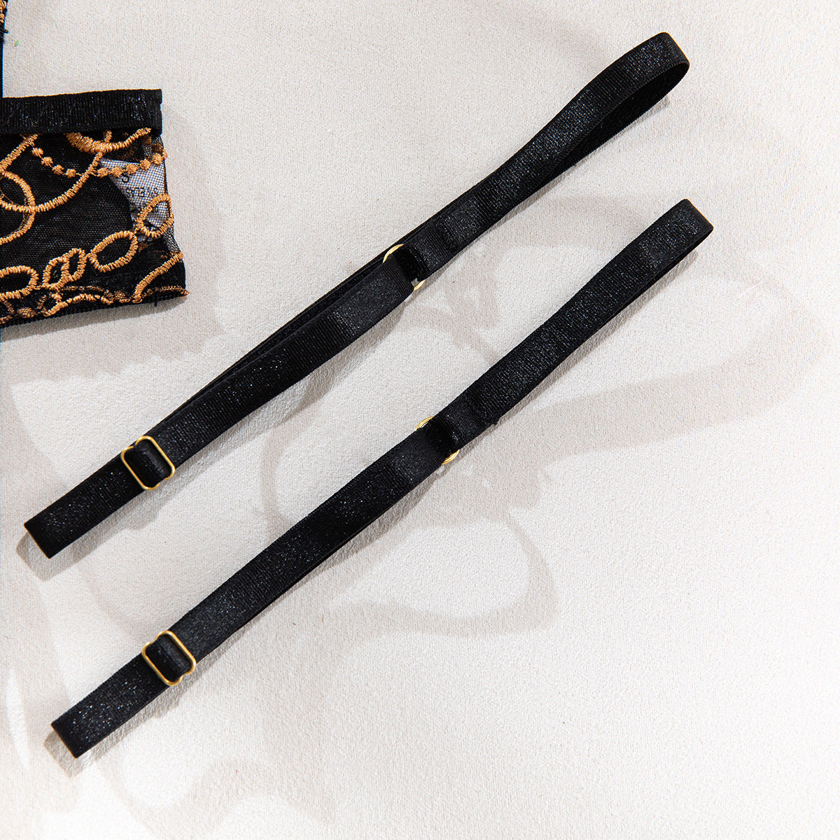 Black Lace Gold Thread Embroidery Underwire Garter Belt Leg Ring Lingerie Set
