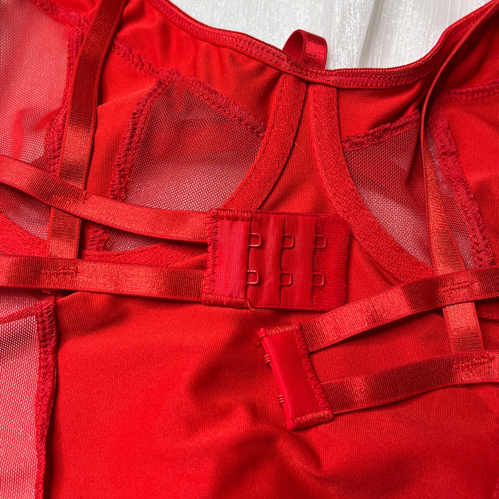 Mesh Patchwork Backless Bodysuit | Sexy Leg Ring Jumpsuit