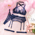 Navy Lace Halter Neck Gathering Sheer 3-Piece Lingerie Set
