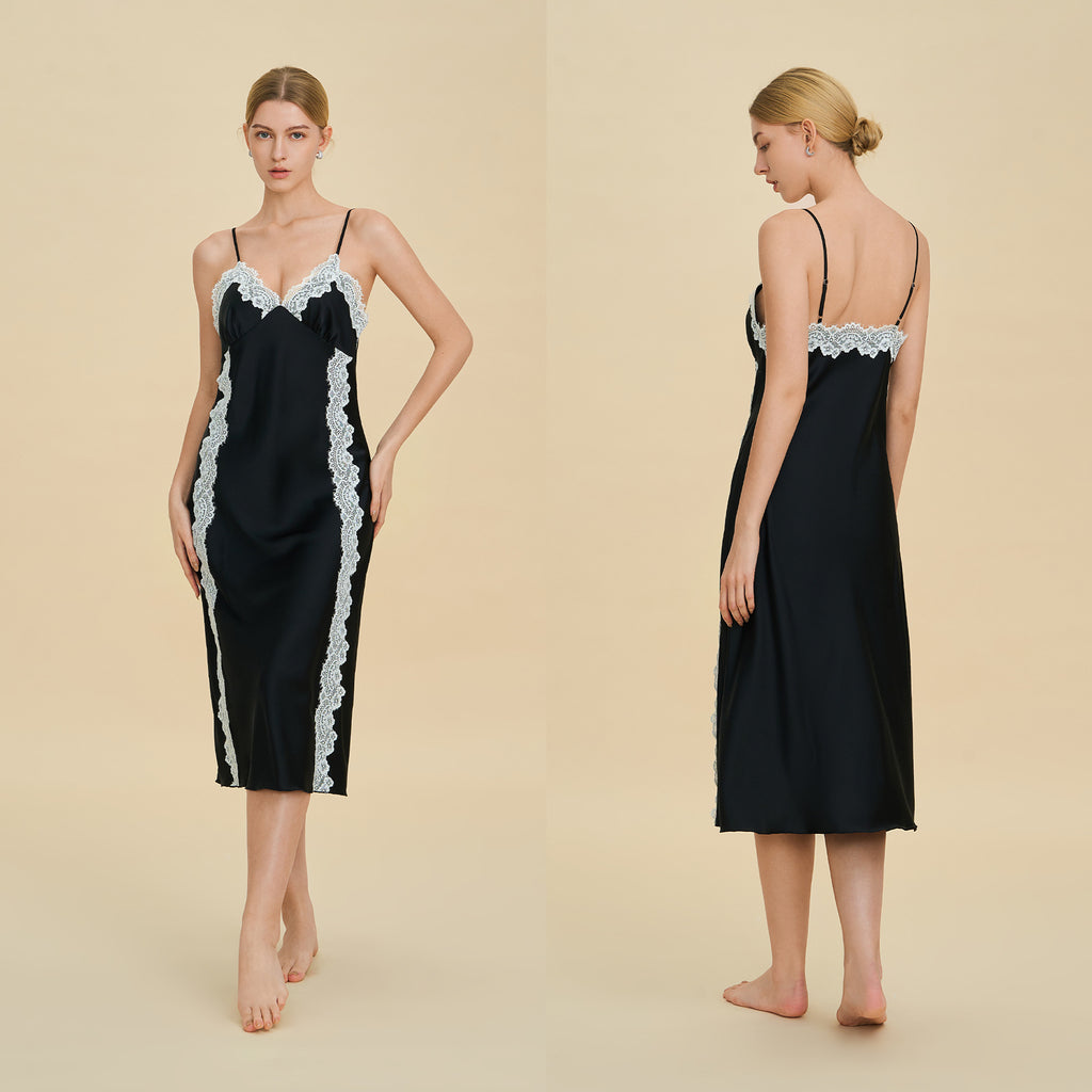 French Lace Deep V Slip Nightgown | Elegant Spaghetti Strap Sleepwear