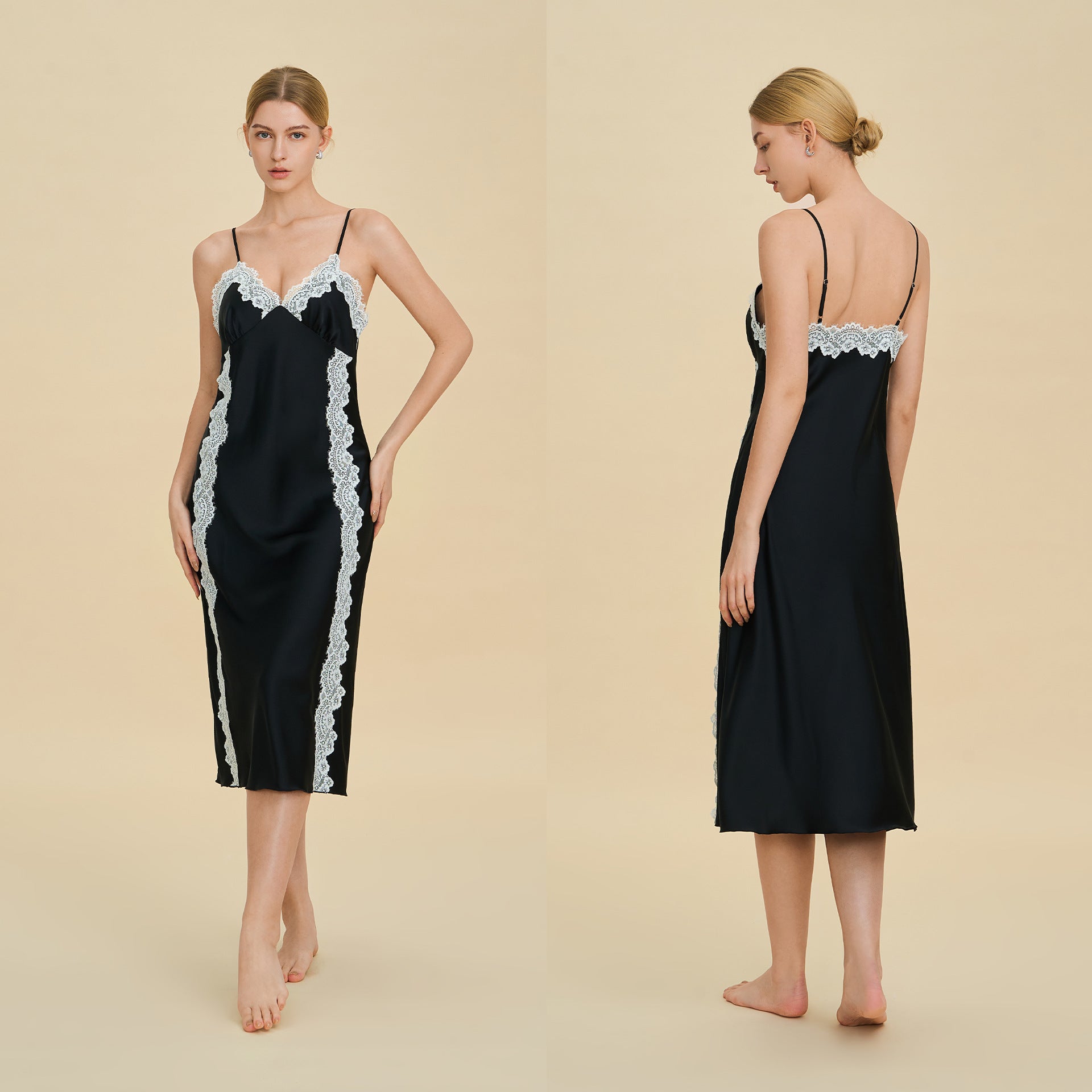 French Lace Deep V Slip Nightgown | Elegant Spaghetti Strap Sleepwear