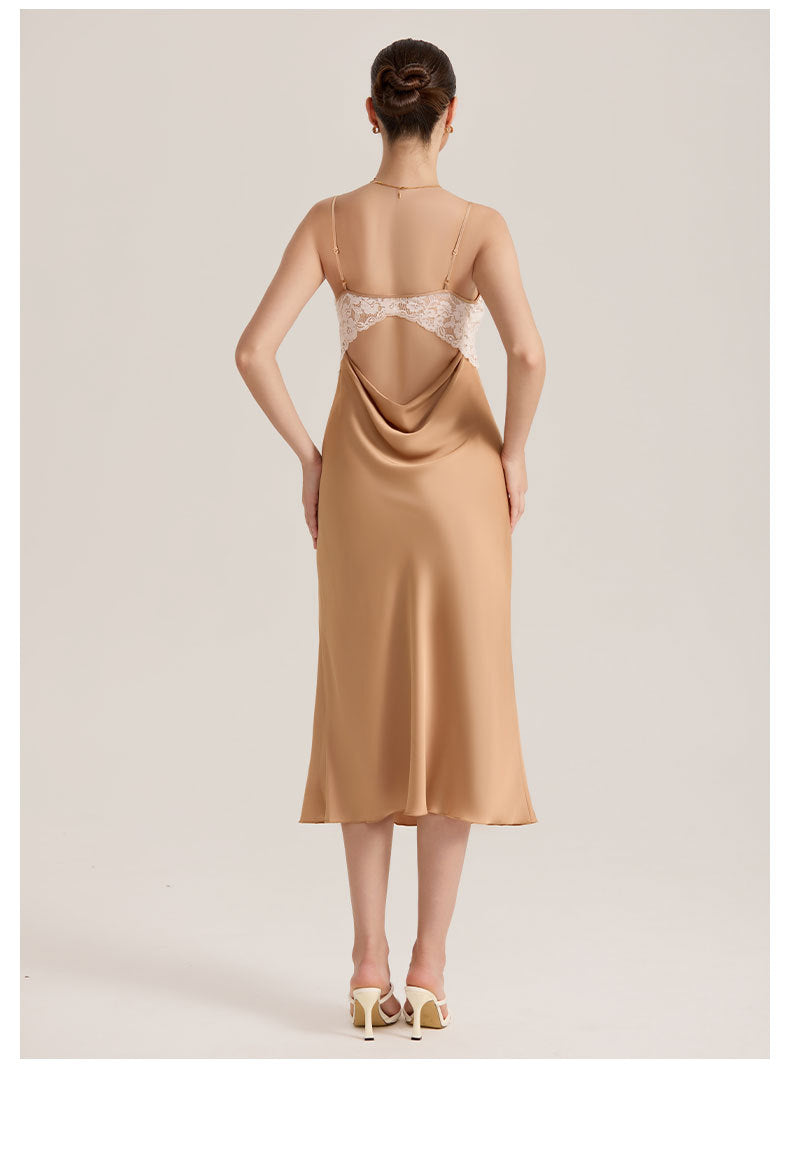 Lace Splice Satin Chiffon Backless Spaghetti Strap Nightdress — Sexy Loungewear