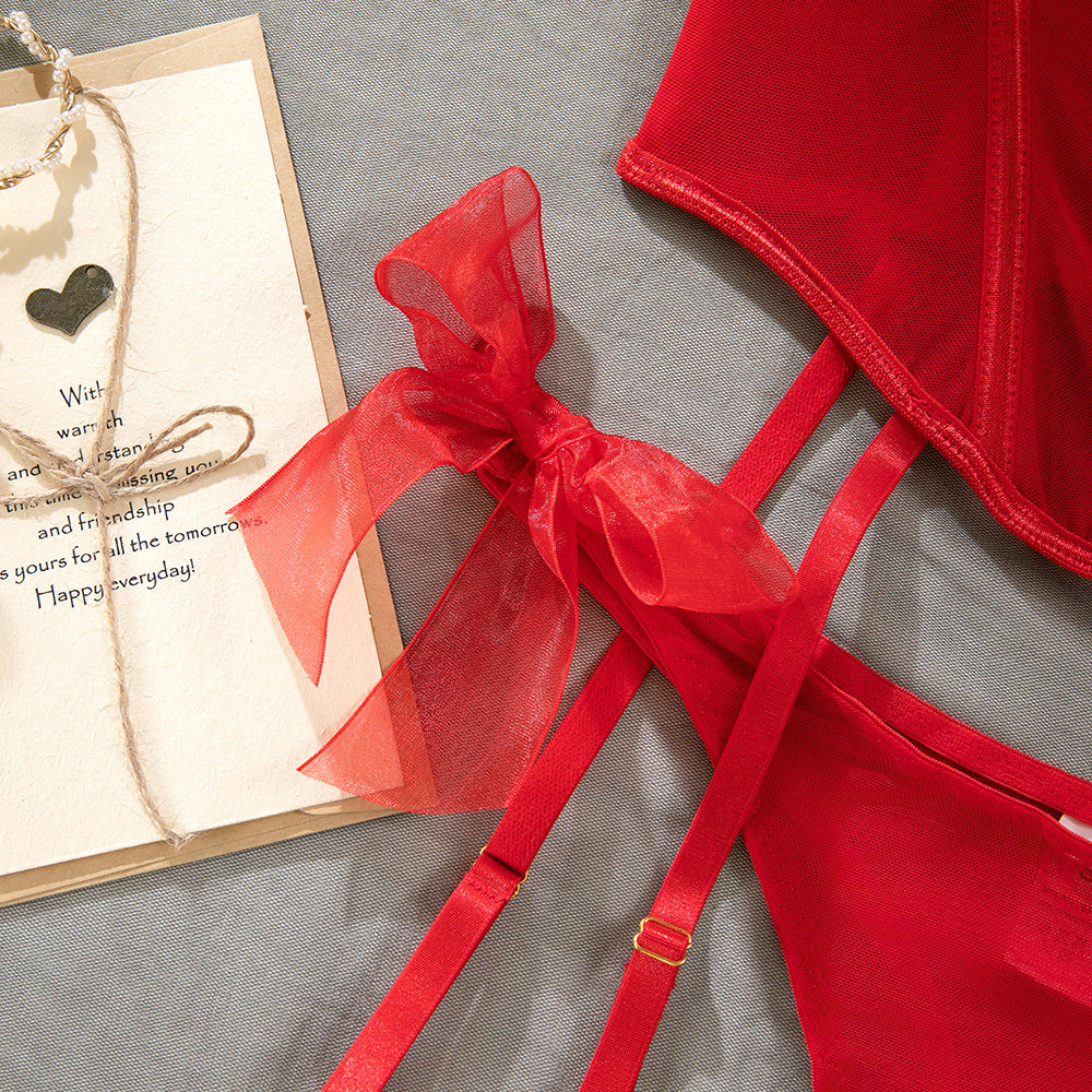 Fishbone Strap Sheer Mesh Sculpting Lingerie Set | Body-Shaping Underwear