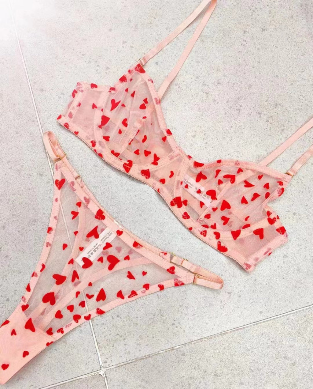 Heart Print Mesh Lace Bra Set – French Ultra-Thin, Push-Up