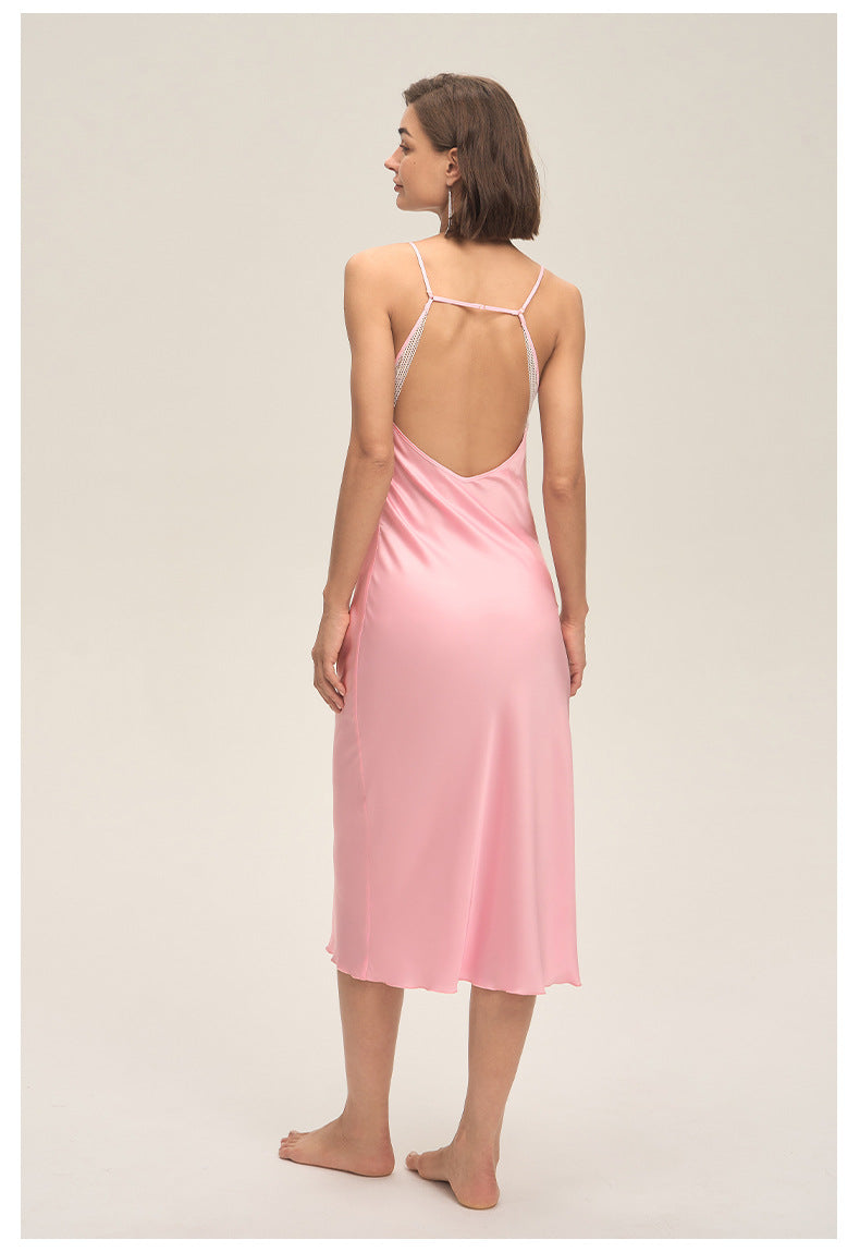 Satin Chiffon Lace Spaghetti Strap Mid-Length Nightdress — Sexy Loungewear