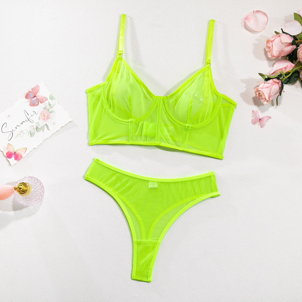 Fishbone Colorblock Sheer Mesh Lift Bra Set