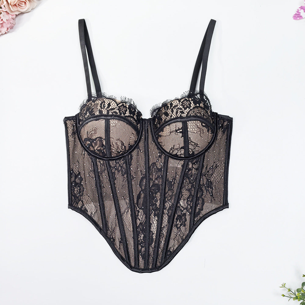Rhinestone Lace Fishbone Corset Bra