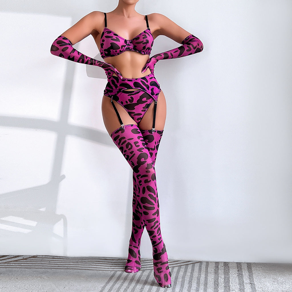 Leopard Print Bra Gloves Leg Sock Lingerie Set