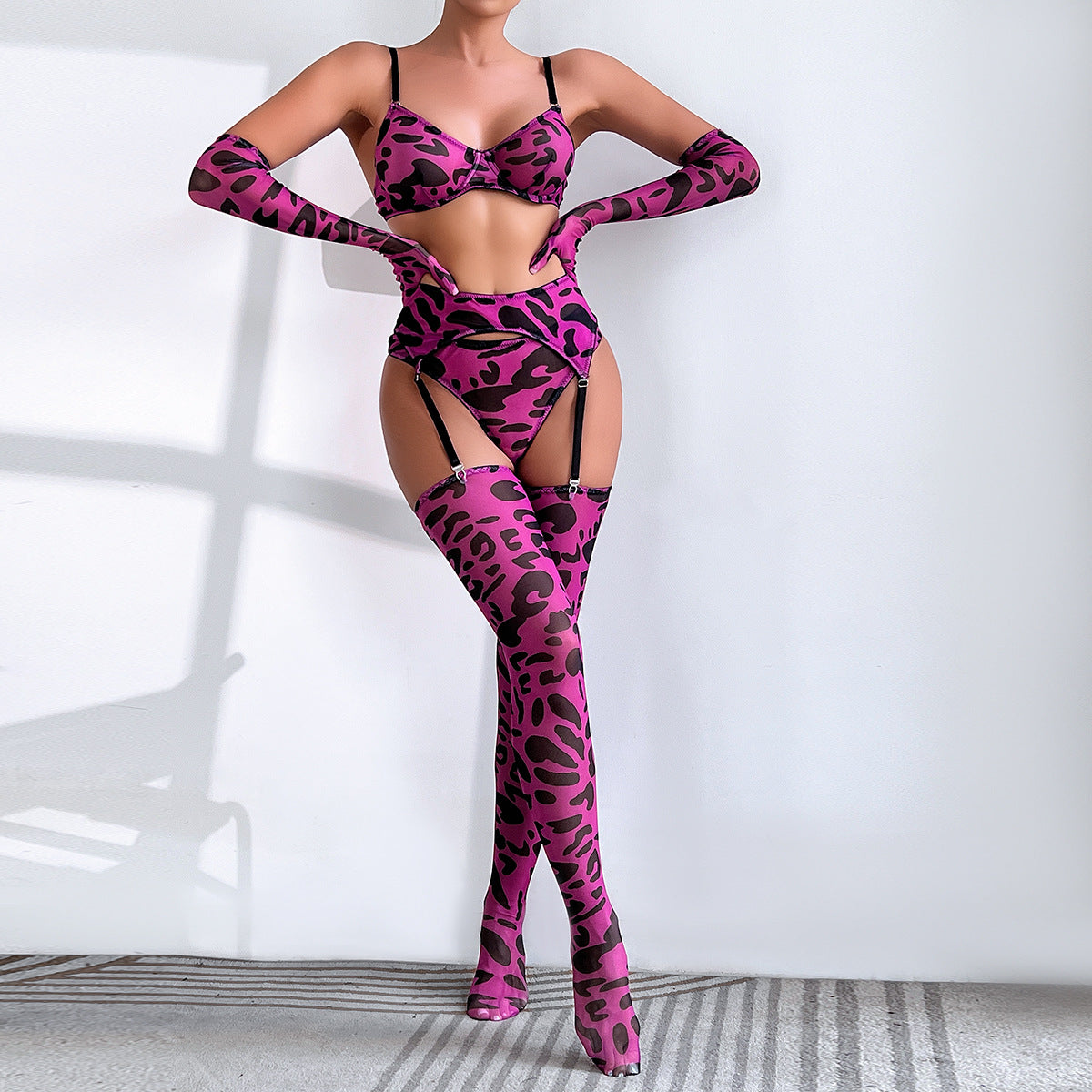 Leopard Print Bra Gloves Leg Sock Lingerie Set