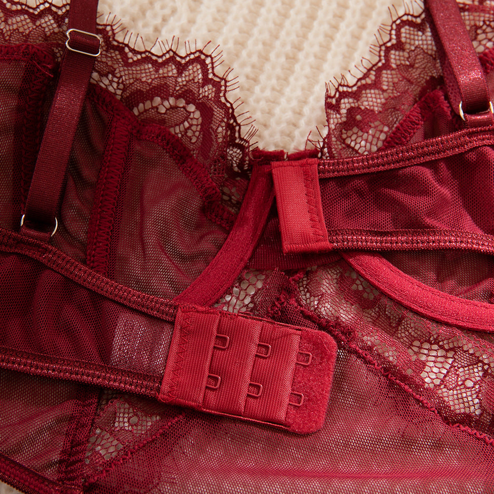 Burgundy Lace Hollow-Out Sculpting Bodysuit with Gloves