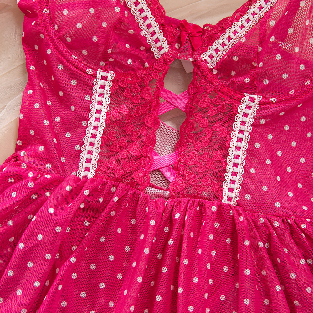 Rose Polka Dot Embroidery Patchwork Gathering Slip Dress with Stockings