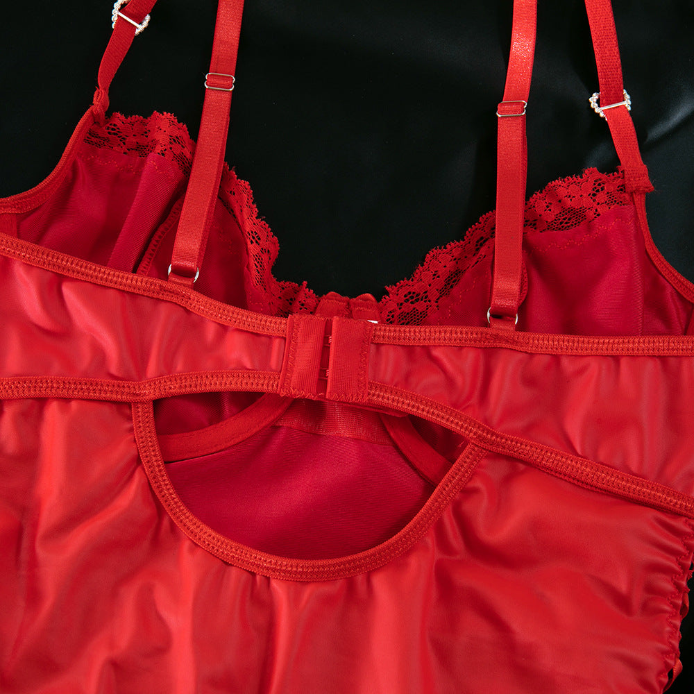 Lace Faux Leather Heart Tie Waist Lingerie Set