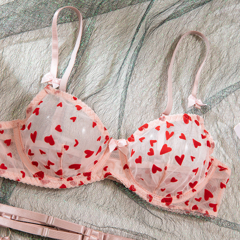 Heart Bow Metal Ring Suspender Lingerie Set