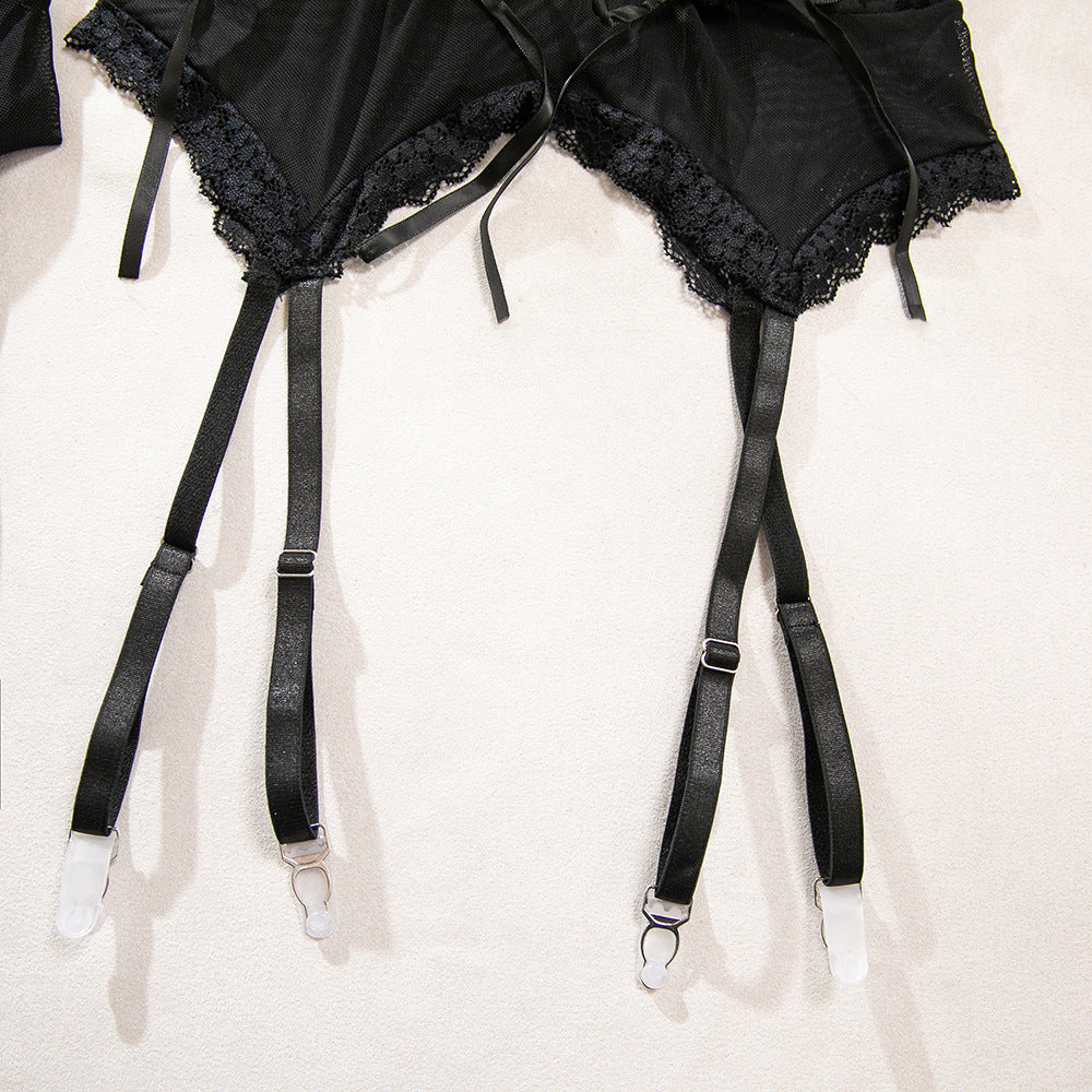 Lace Mesh Lingerie Set with Stockings | Strap Gathering Slim Fit