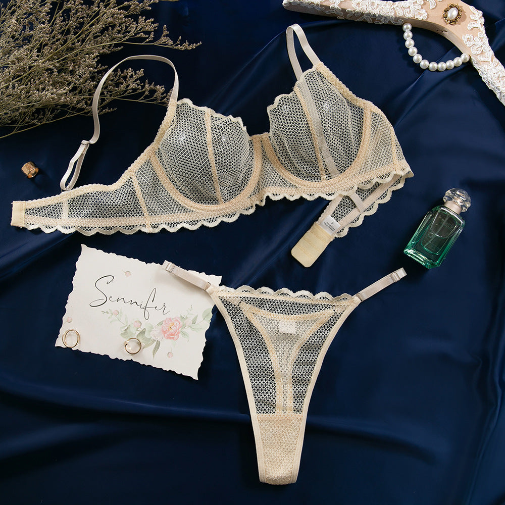 Cross-border French sexy lace mesh ultra-thin summer new underwear comfortable top support with steel ring bra set