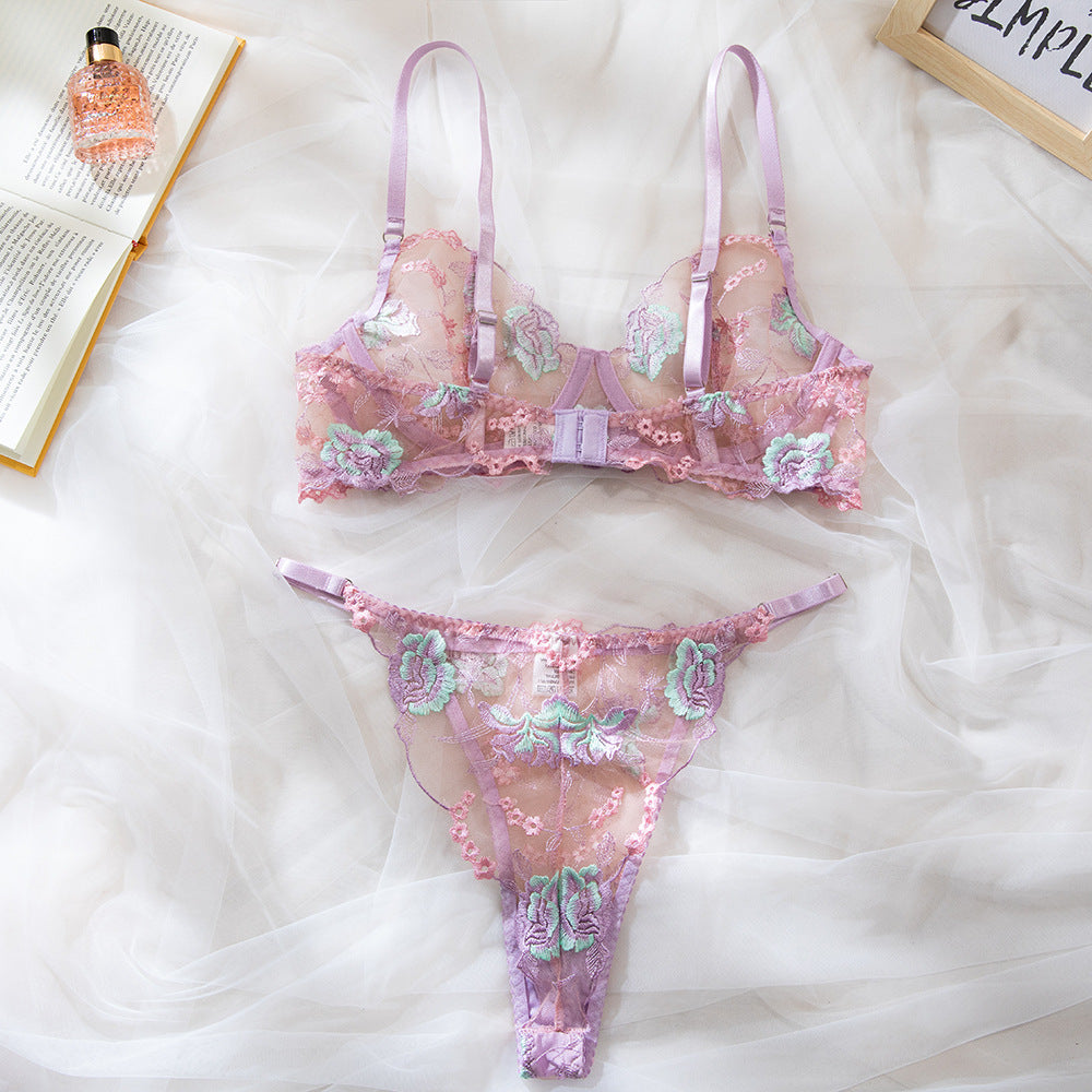 Pink Single-Layer Lace Embroidery Underwire Lift Bra Set
