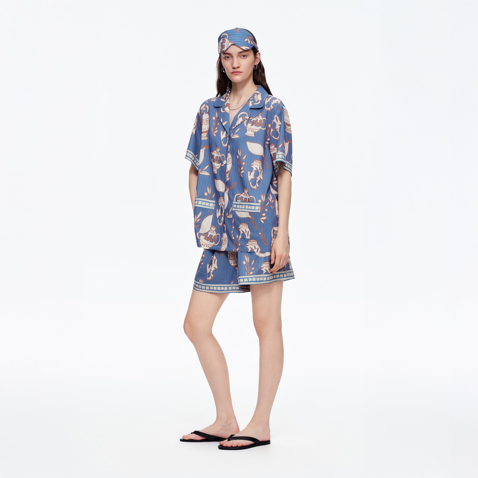 Jacquard Satin Shorts & Short-Sleeve Pajama Set — Luxury Loungewear