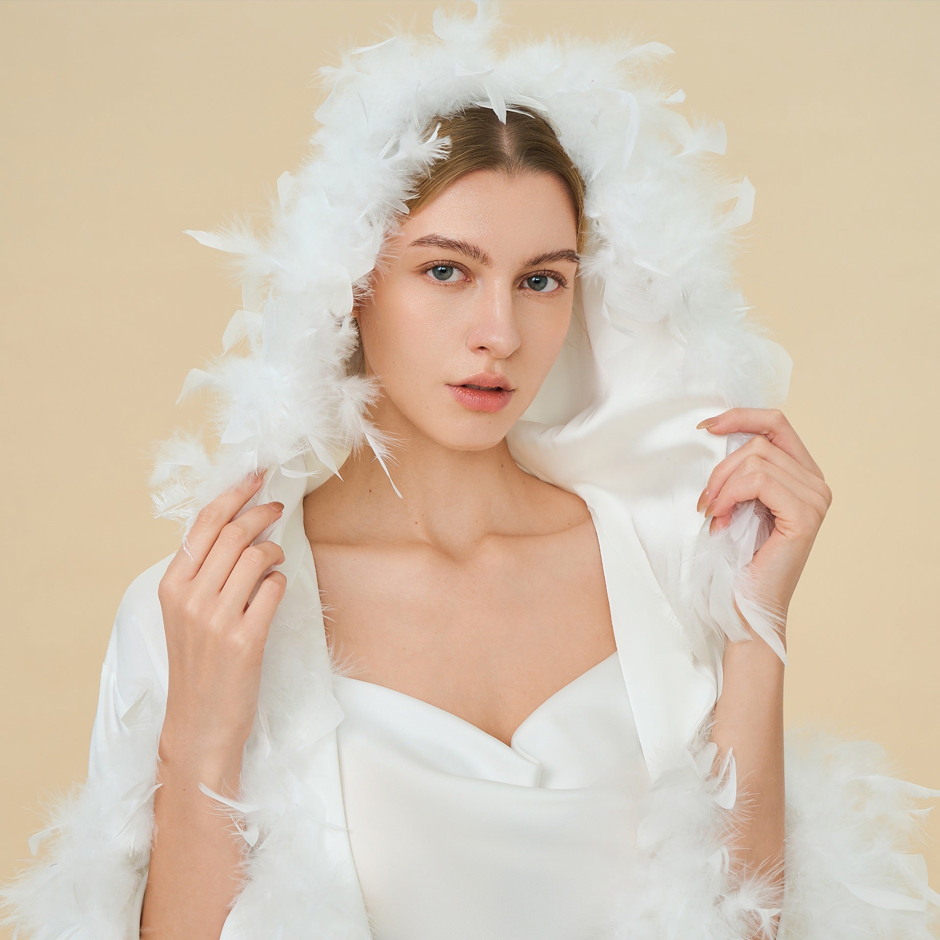 Hooded Feather Trim Long Robe | Detachable Luxury Loungewear