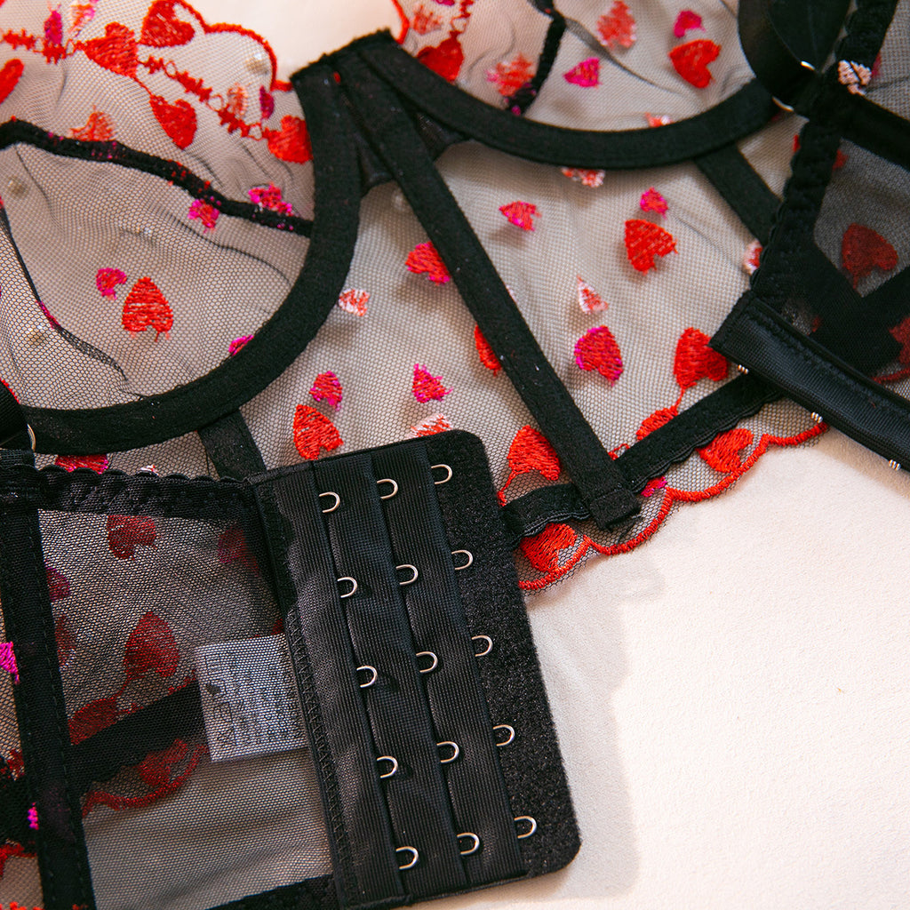 Heart Embroidery Mesh Underwire Lift Bra Set