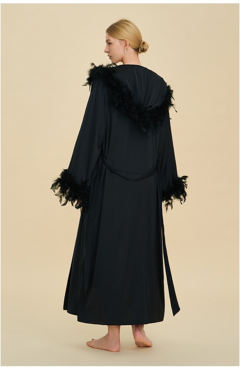 Slip Dress & Hooded Marabou Robe Set | Luxury Ice Silk Sleepwear