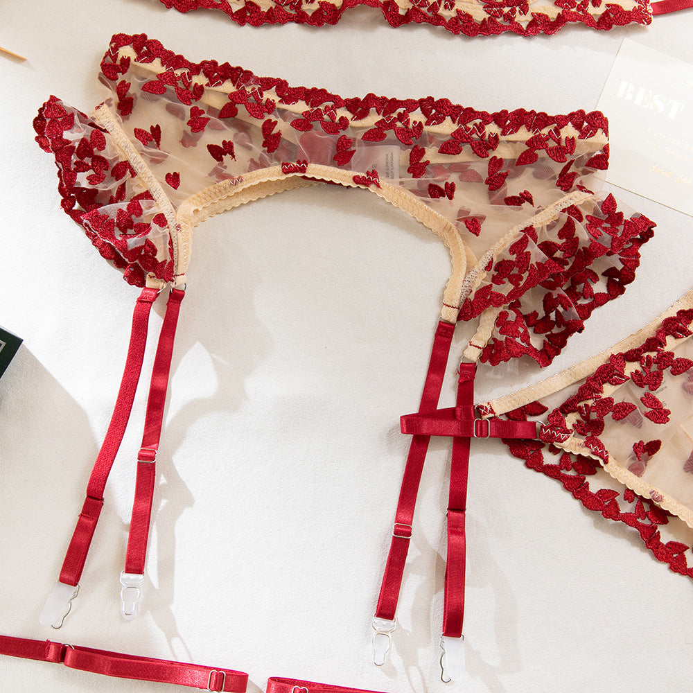 Red Floral Embroidery Sheer Lift Luxury Lingerie Set