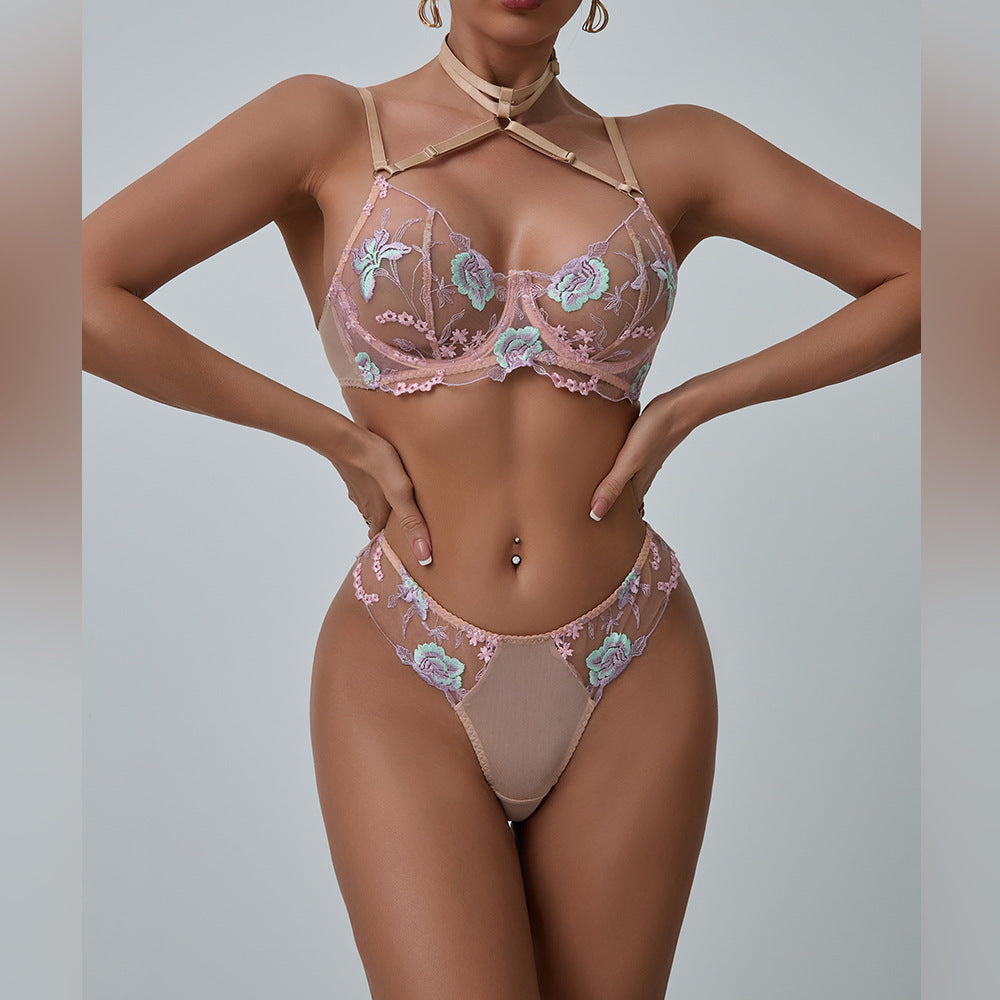 Pink Floral Embroidery Underwire Lift Spice Girl Bra Set