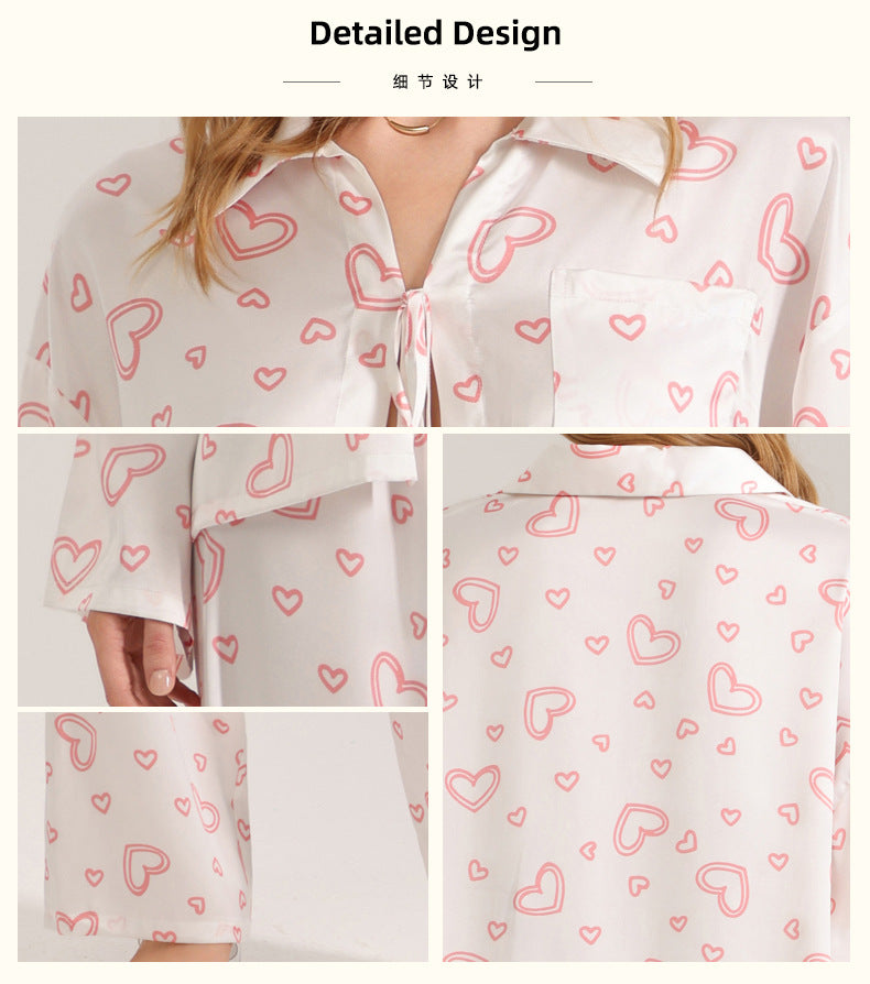 Heart Print Satin 3-Piece Pajama Set – Cami, Long Sleeve & Pants