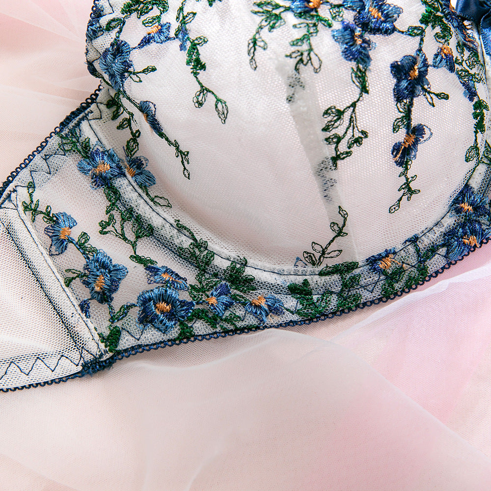 Lavender Floral Embroidery Bow Sheer Mesh Bra Set