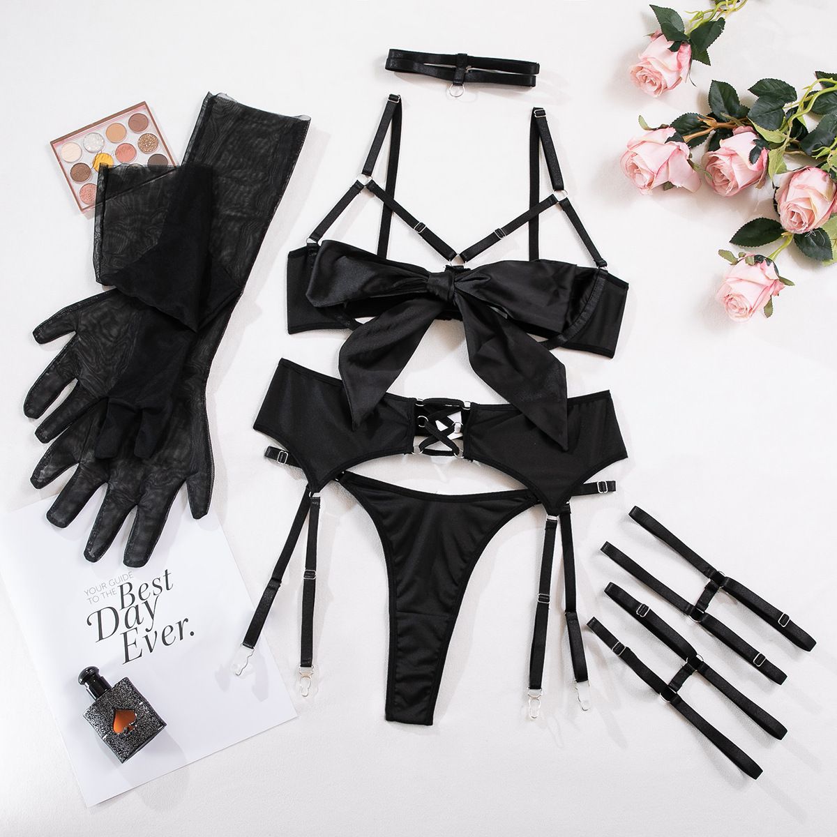 Bow Hollow Strap Lingerie Set – Ultra-Thin, with Leg Socks & Gloves