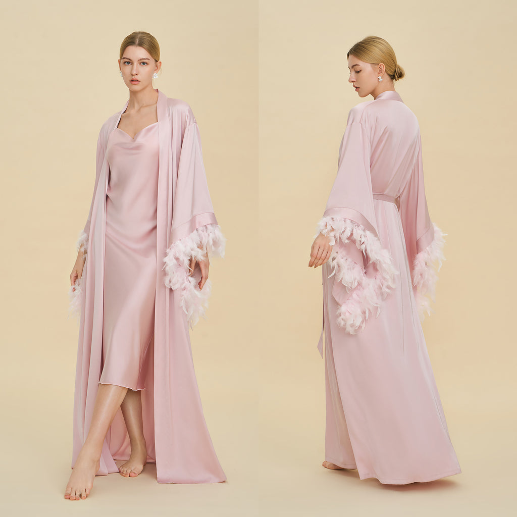 French Feather Trim Bridal Robe Set | Luxury Bridesmaid & Wedding Nightgown