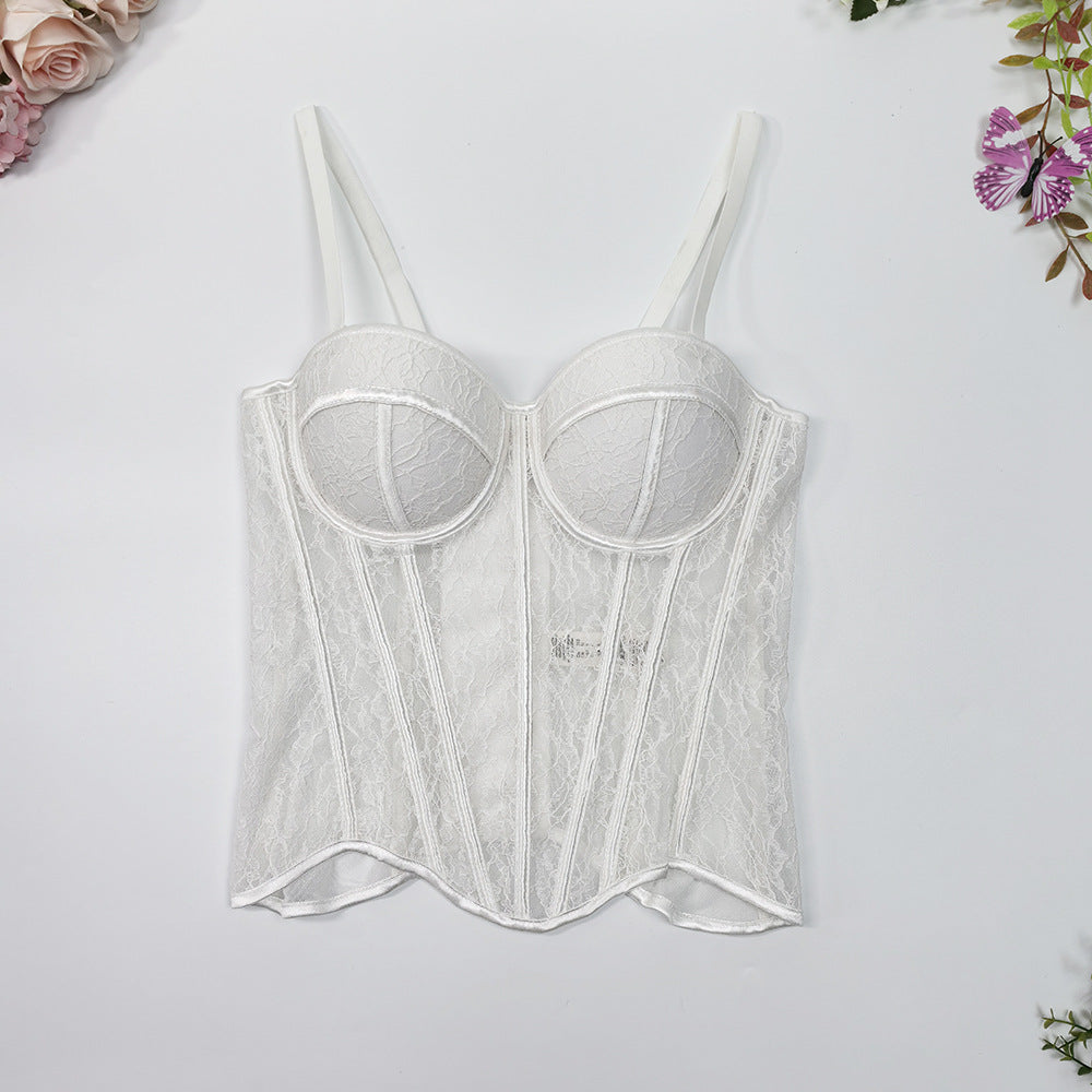 Mesh Off-Shoulder Lace Fishbone Corset Bra