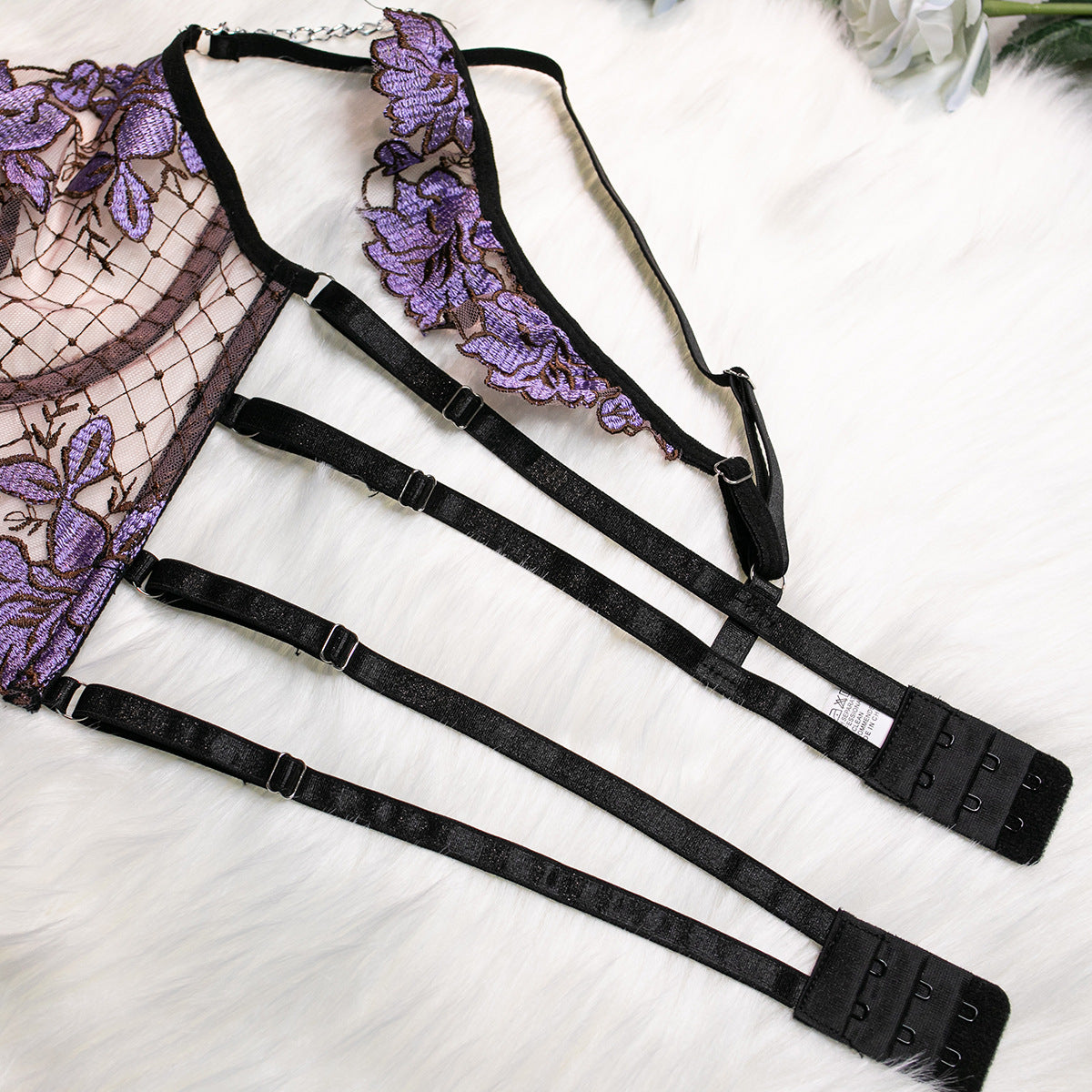 Floral Embroidered Chain Four-Piece Lingerie Set