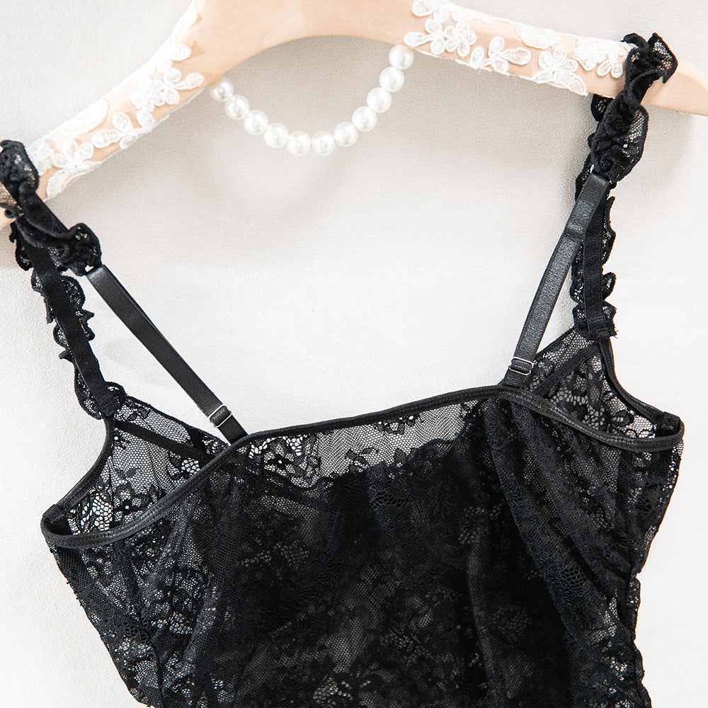 Black Lace Sheer Hollow-Out High-Slit Maxi Sleep Dress
