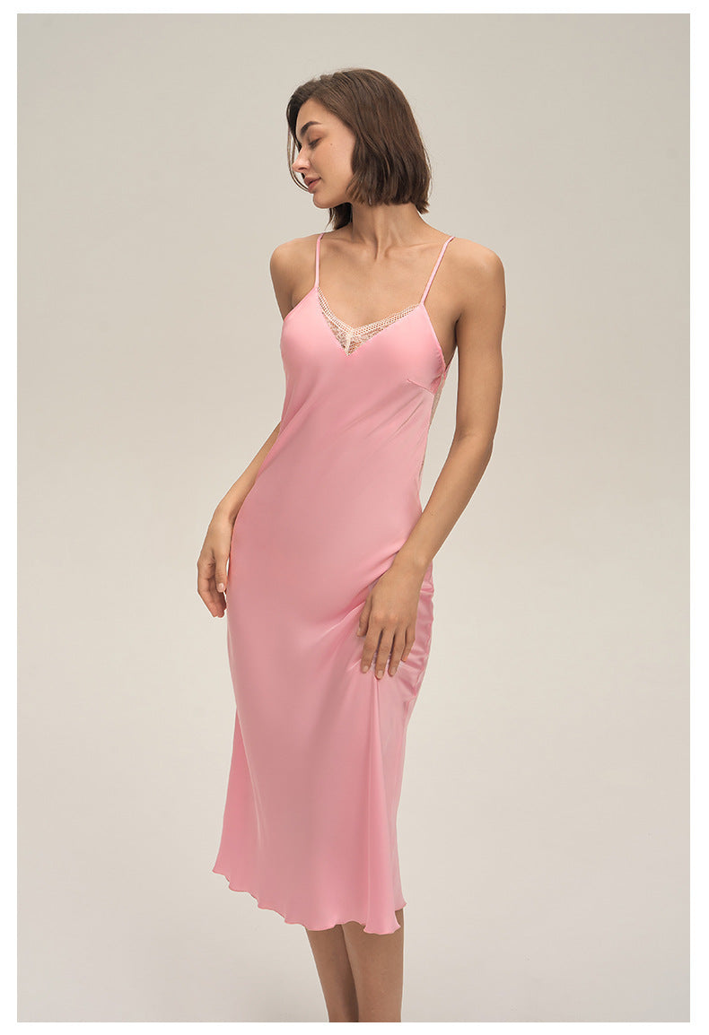 Satin Chiffon Lace Spaghetti Strap Mid-Length Nightdress — Sexy Loungewear