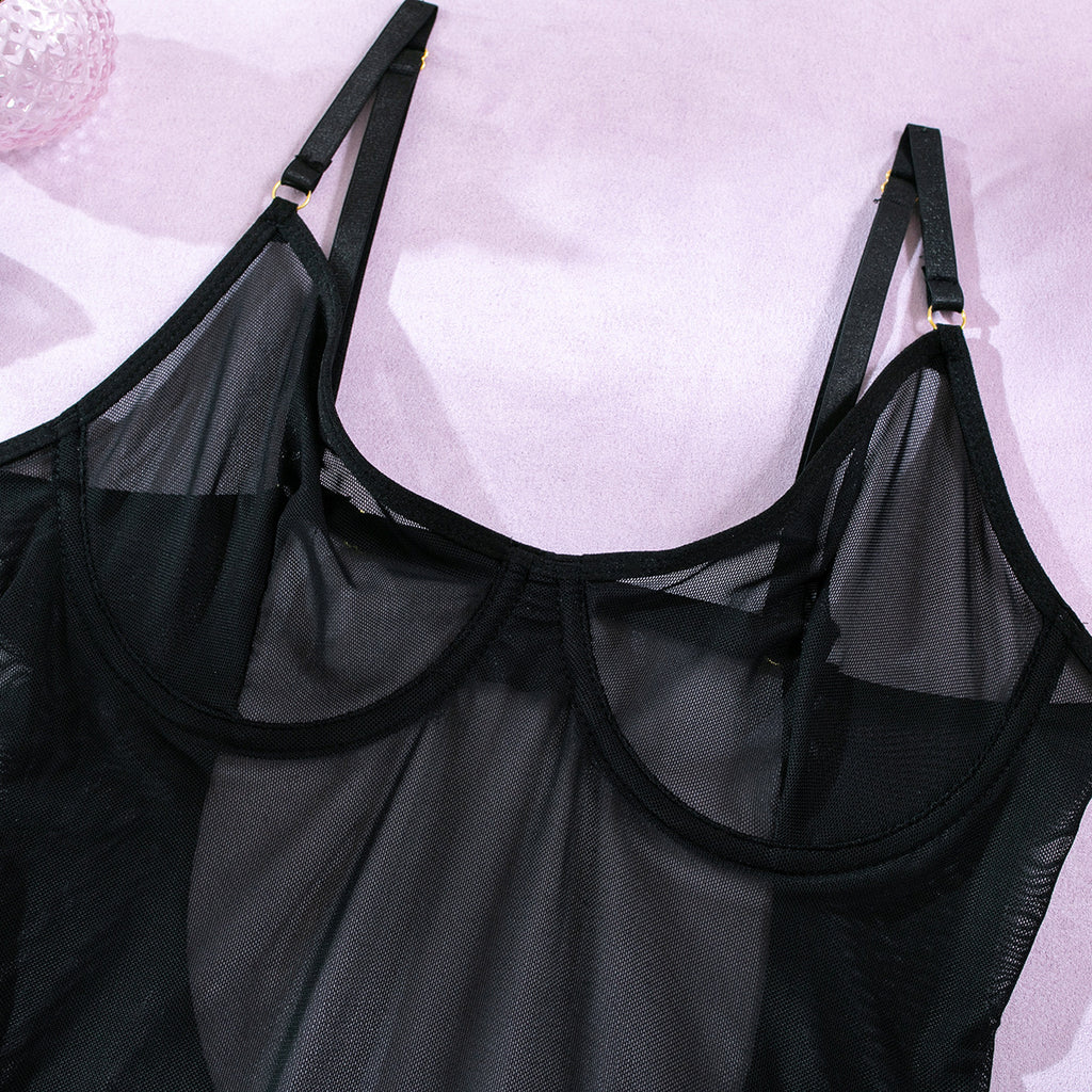 Sheer Mesh Backless Strap Glove Lingerie Set
