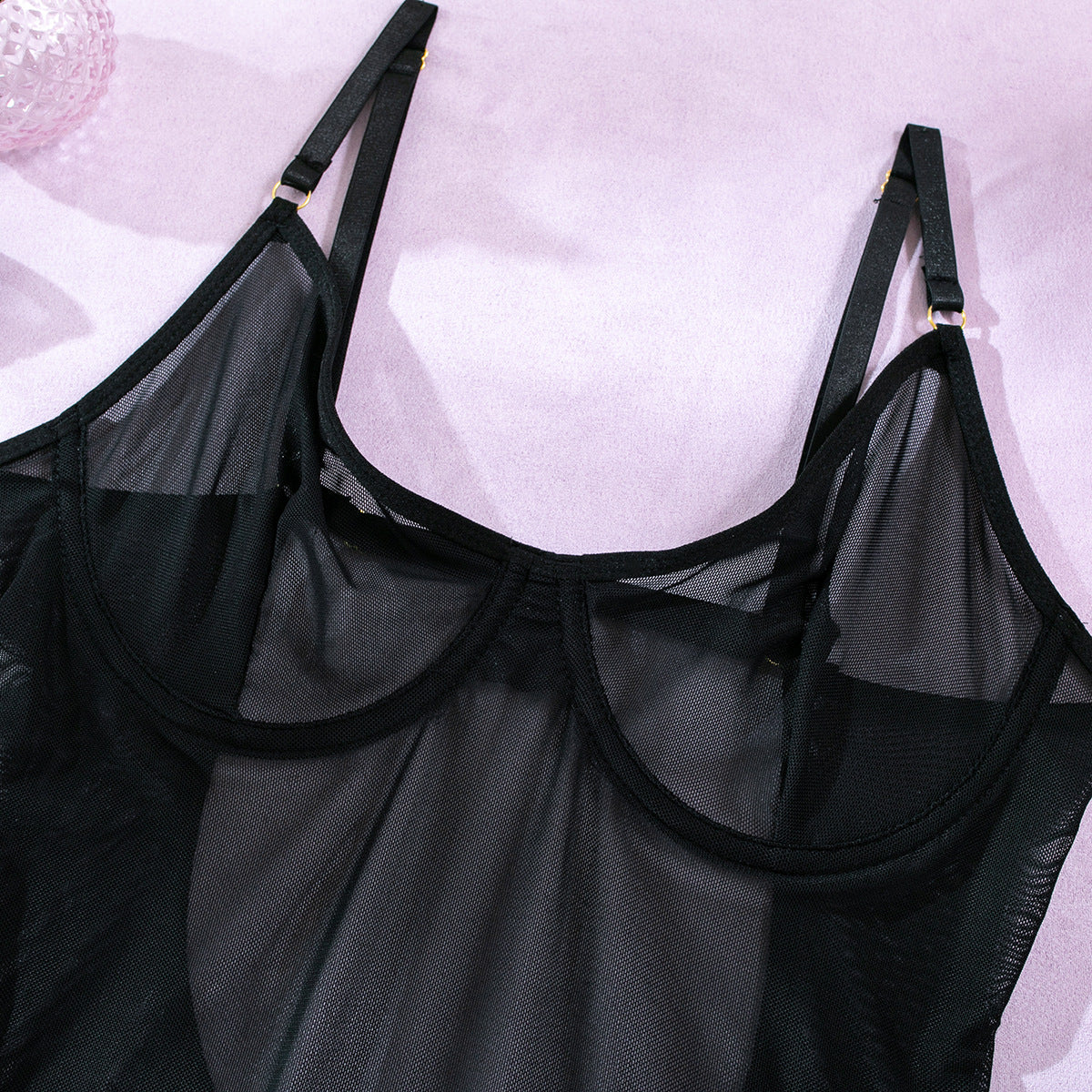 Sheer Mesh Backless Strap Glove Lingerie Set