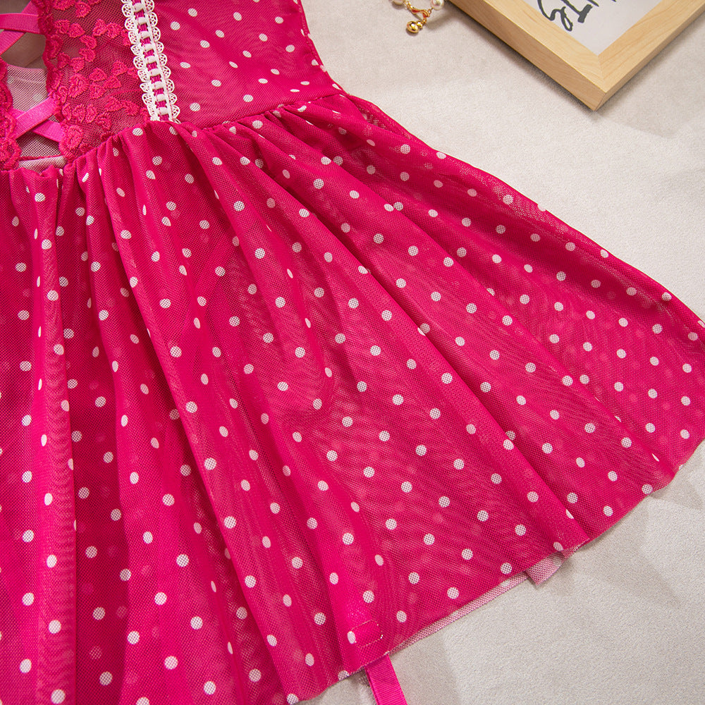 Rose Polka Dot Embroidery Patchwork Gathering Slip Dress with Stockings