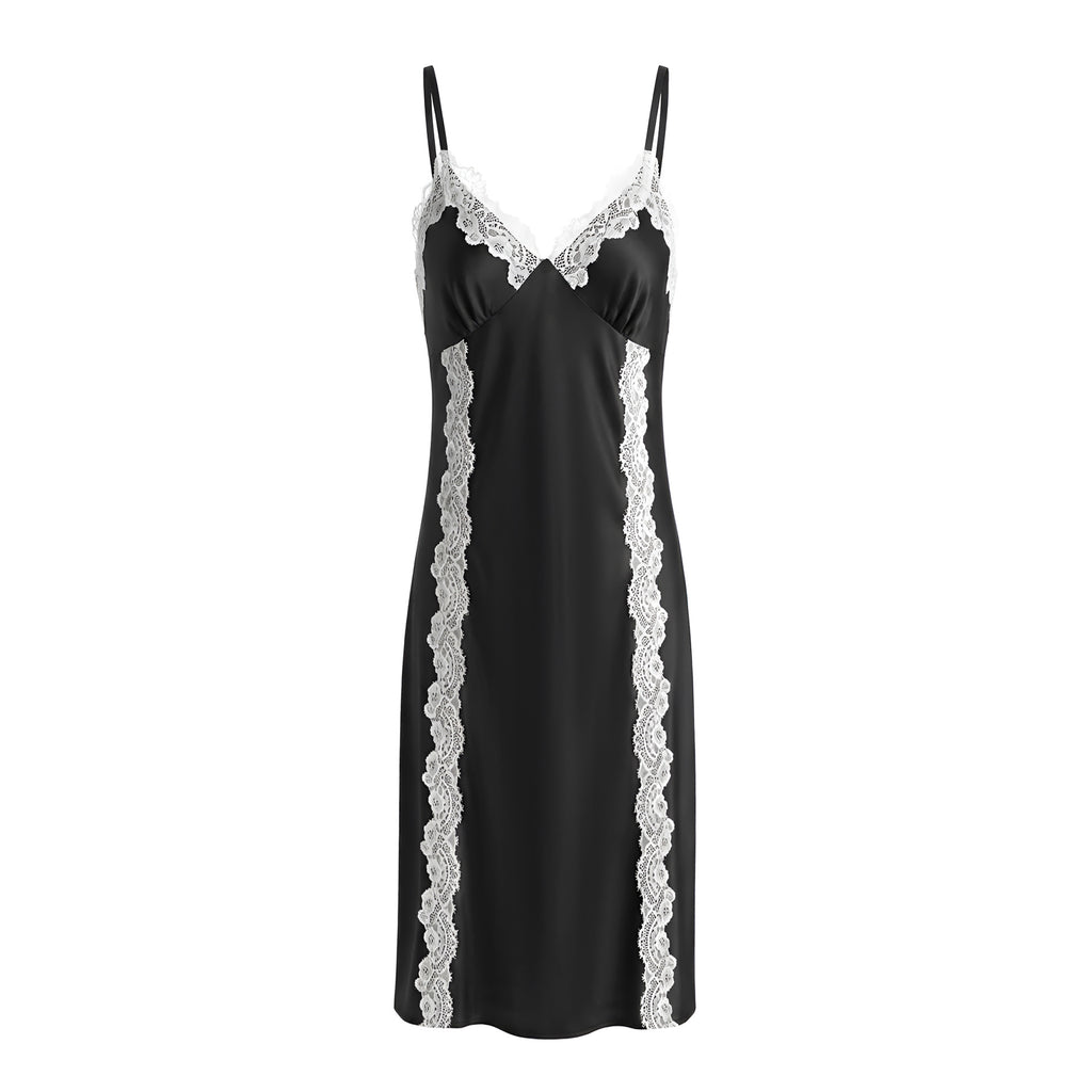 French Lace Deep V Slip Nightgown | Elegant Spaghetti Strap Sleepwear