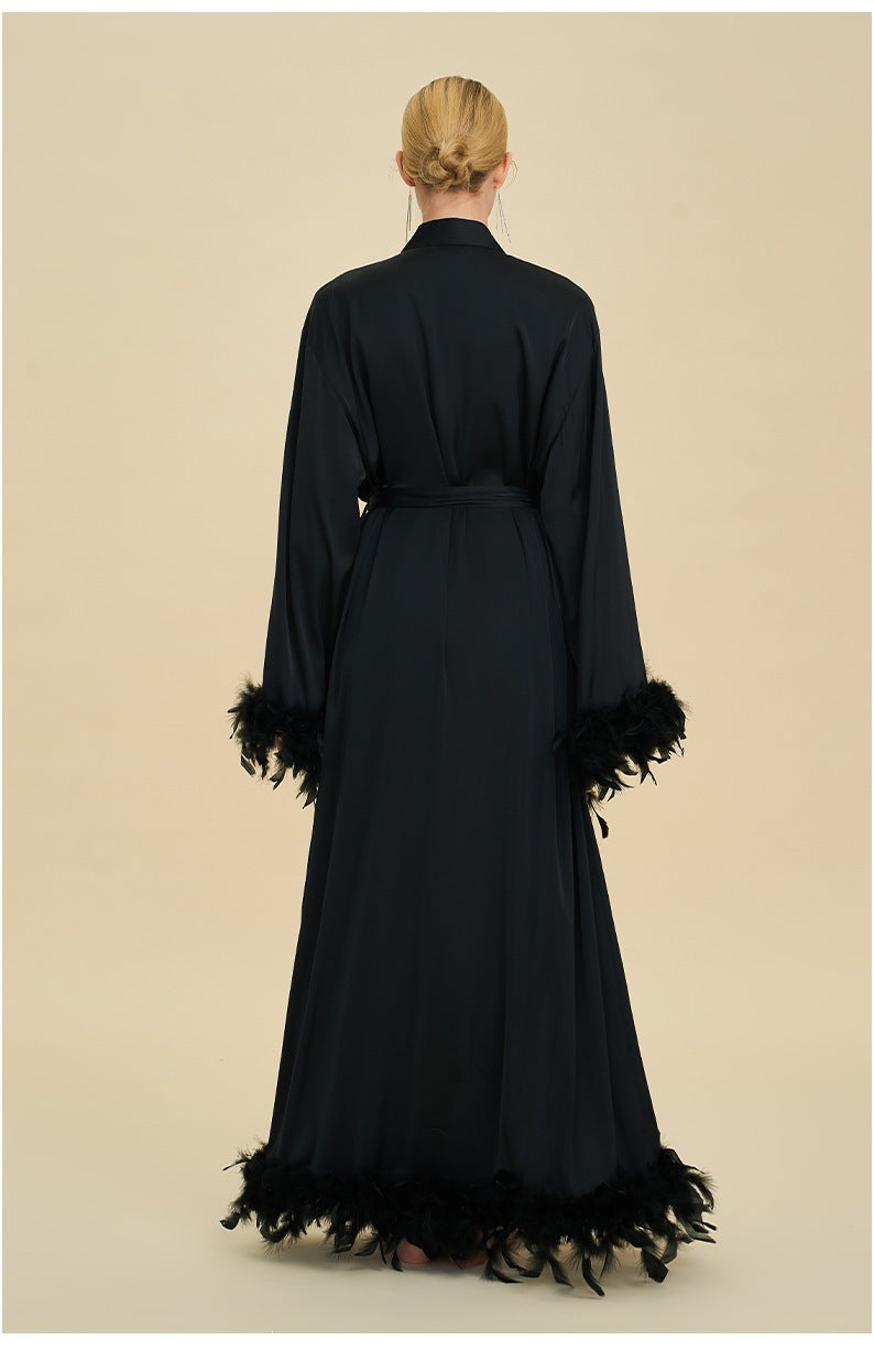 Feather Cardigan & Slip Dress Set | Luxury Long-Sleeve Loungewear