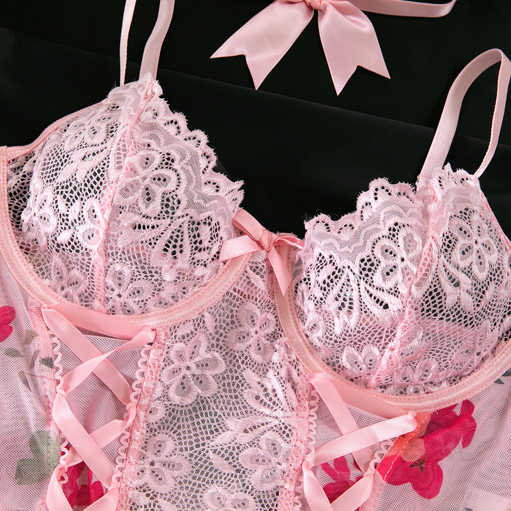 Floral Lace Cross-Strap Shaping Lingerie Set
