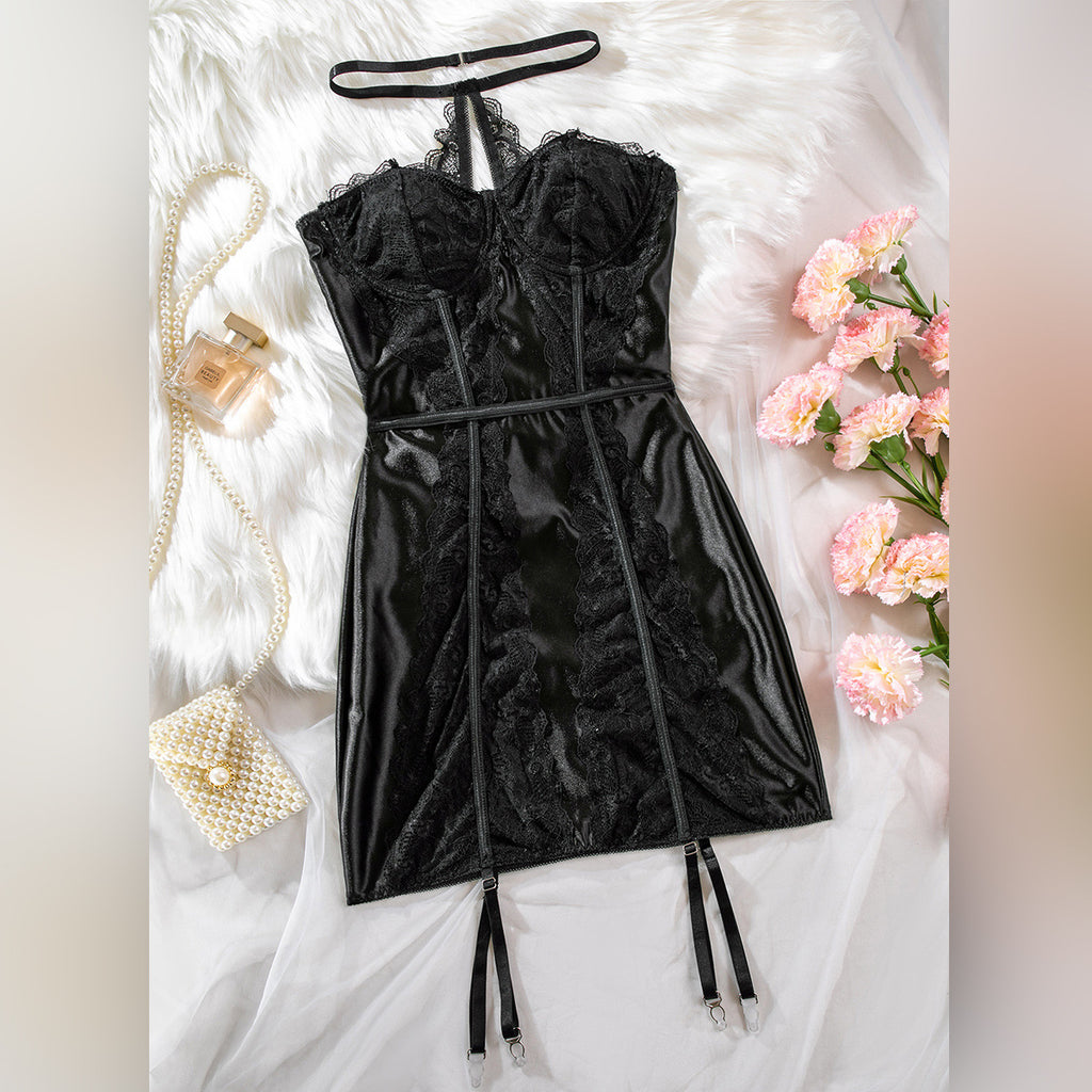 Lace Halter Underwire Gathering Bodysuit
