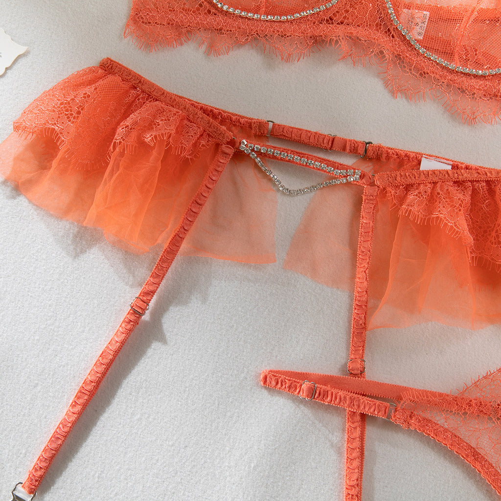 Crystal Lace Sheer Gathering Lingerie Four-Piece Set