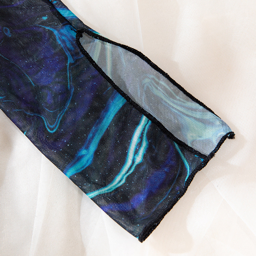 Tie-Dye Sheer Mesh High Neck Slit Dress Set