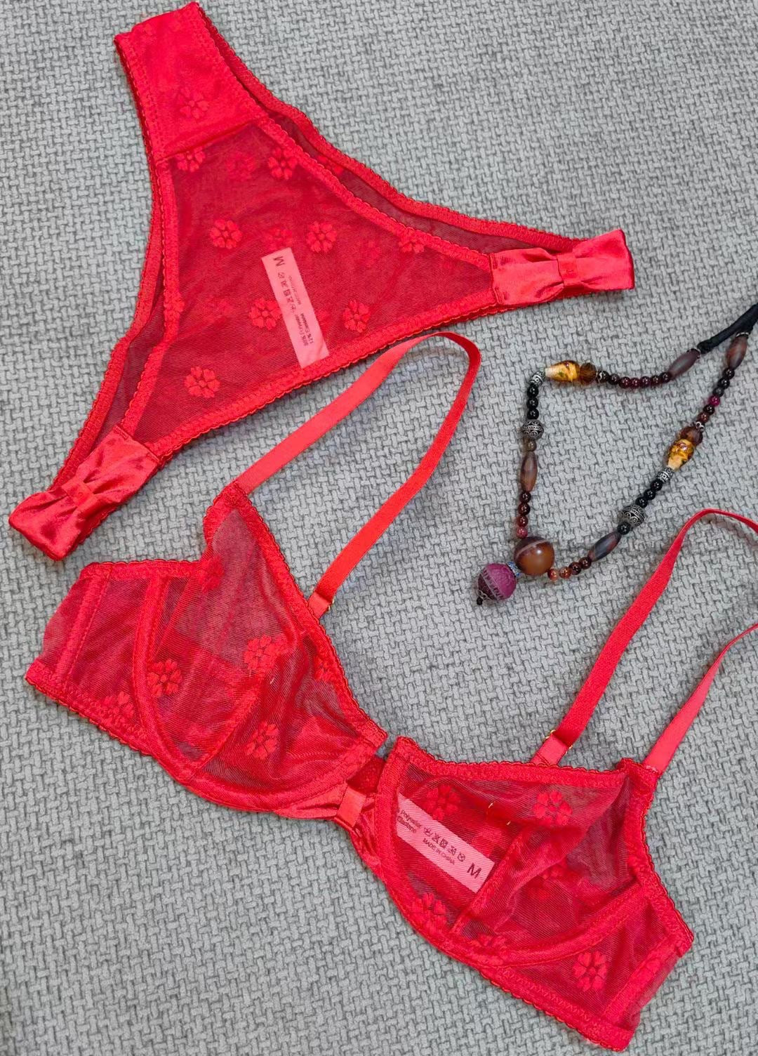 French Flocked Embroidery Sheer Bra Set