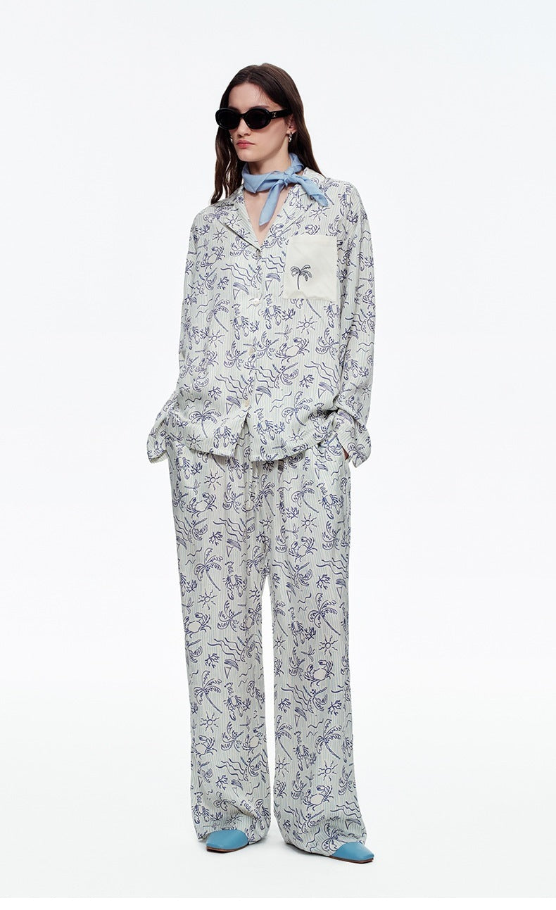 Coconut Grove Print Embroidery Long Sleeve Pajama Set | Spring & Autumn Loungewear