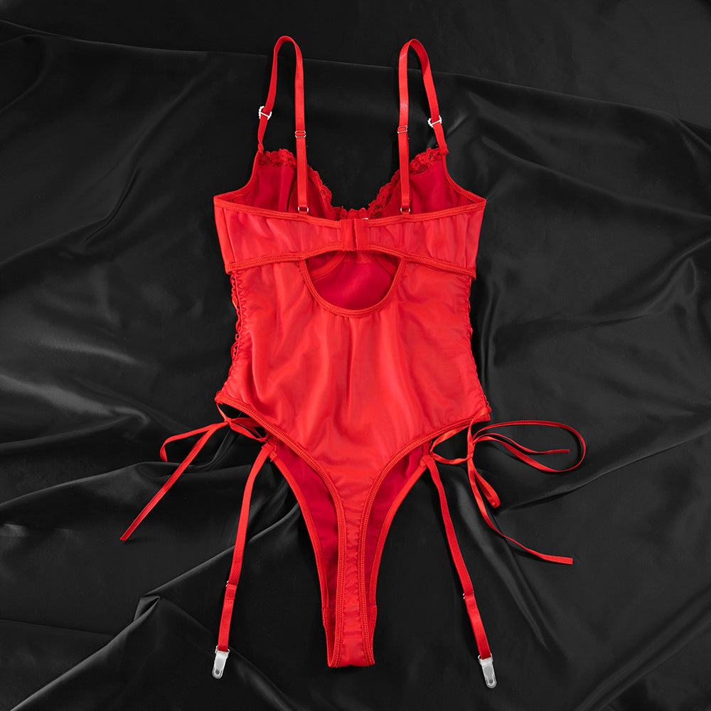 Lace Faux Leather Heart Tie Waist Lingerie Set