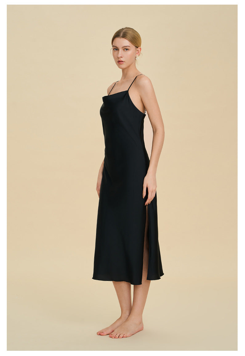 Satin Chiffon Halter Neck Long Split Nightdress — High-End Sexy Sleepwear