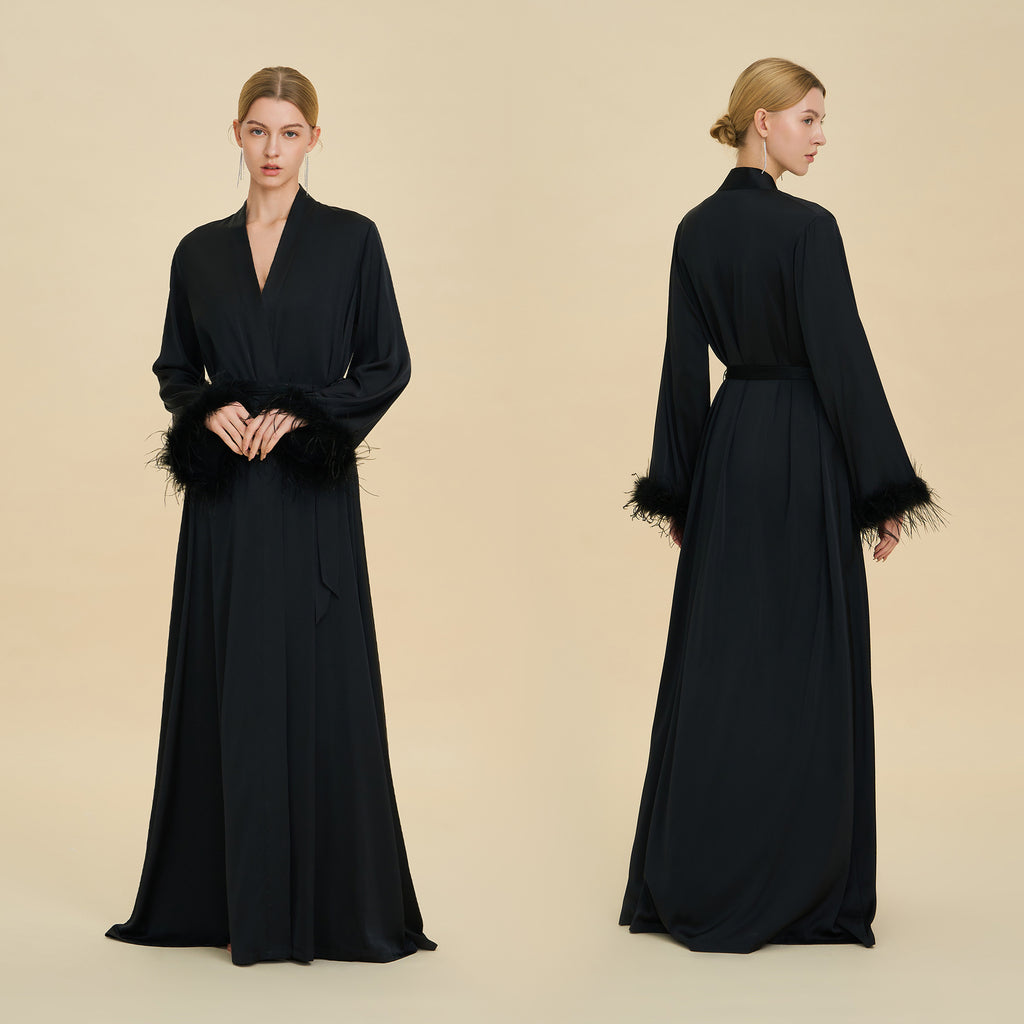 Feather Trim Luxury Robe | High-End Satin Bathrobe for Women