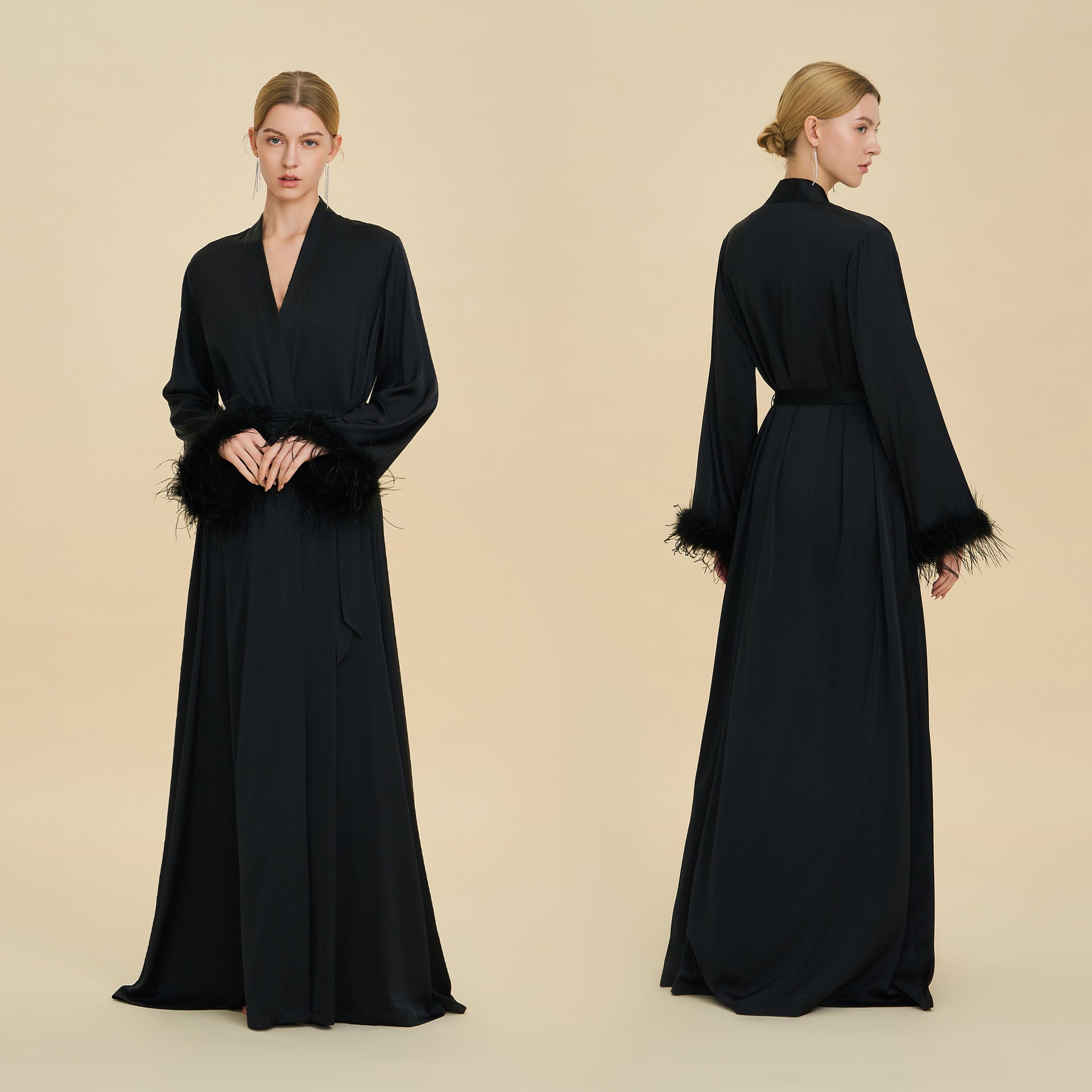 Feather Trim Luxury Robe | High-End Satin Bathrobe for Women