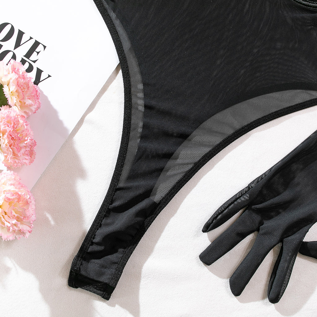Sheer Mesh Bodysuit with Gloves | Slim-Fit Hip-Lift Lingerie Onesie